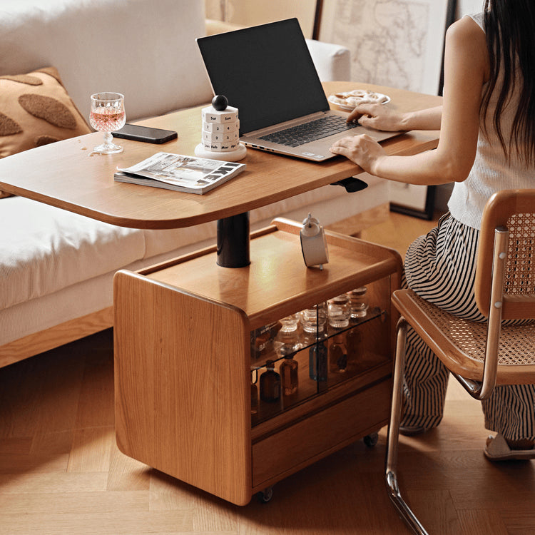 Cherry Wood Multi-Layer Tea Table - Natural Finish with Metal Accents fyg-667