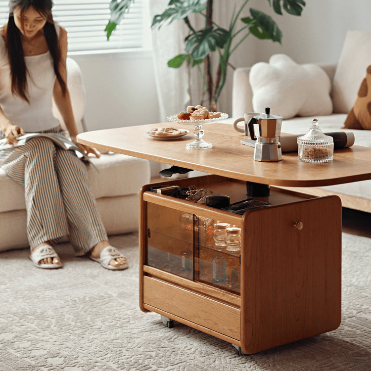 Cherry Wood Multi-Layer Tea Table - Natural Finish with Metal Accents fyg-667