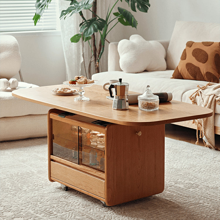 Cherry Wood Multi-Layer Tea Table - Natural Finish with Metal Accents fyg-667