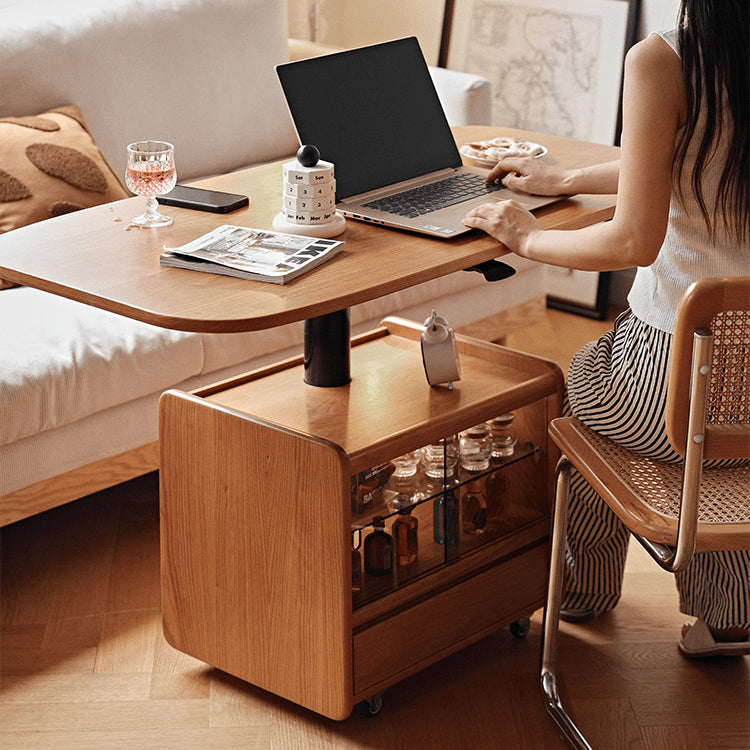 Cherry Wood Multi-Layer Tea Table - Natural Finish with Metal Accents fyg-667