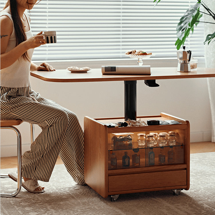 Cherry Wood Multi-Layer Tea Table - Natural Finish with Metal Accents fyg-667