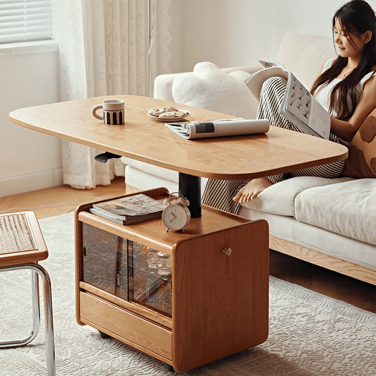 Cherry Wood Multi-Layer Tea Table - Natural Finish with Metal Accents fyg-667