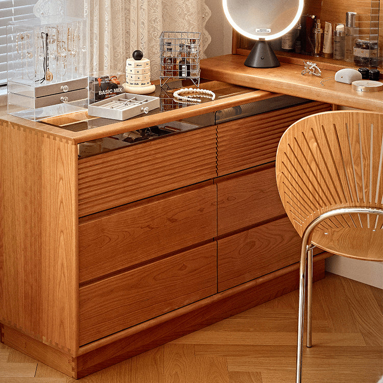 Elegant Cherry Wood Vanity Table with Multi-Layer Board and Glass Top fyg-670