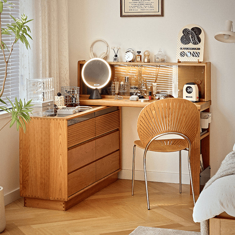 Elegant Cherry Wood Vanity Table with Multi-Layer Board and Glass Top fyg-670