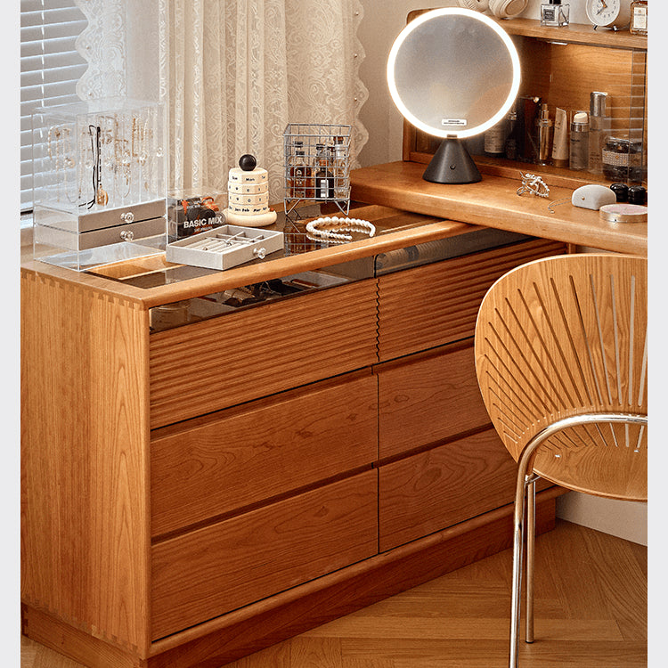 Elegant Cherry Wood Vanity Table with Multi-Layer Board and Glass Top fyg-670