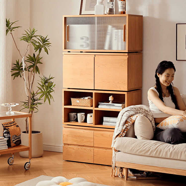 Elegant Cherry Wood Cabinet with Metal Accents and Glass Doors - Natural Finish fyg-671