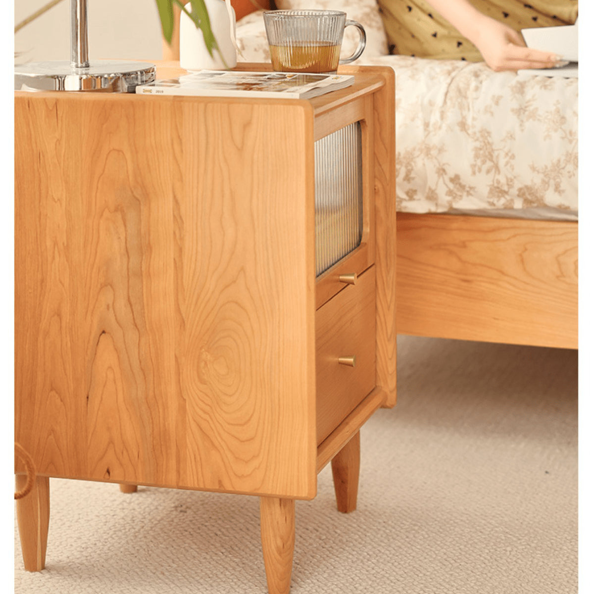 Elegant Bedside Cupboard with Glass Door - Cherry & Tung Wood Finish fyg-674