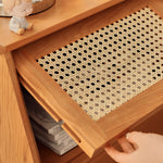 Elegant Cherry Wood Bedside Cupboard with Glass and Rattan Accents fyg-676