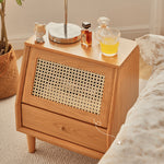 Elegant Cherry Wood Bedside Cupboard with Glass and Rattan Accents fyg-676