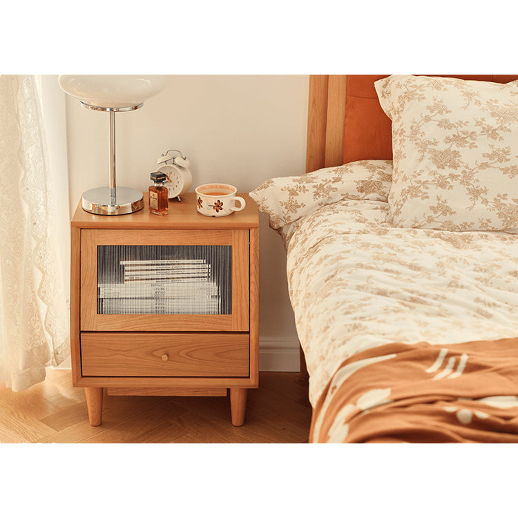 Elegant Cherry Wood Bedside Cupboard with Glass and Rattan Accents fyg-676