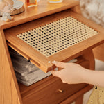 Elegant Cherry Wood Bedside Cupboard with Glass and Rattan Accents fyg-676