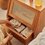 Elegant Cherry Wood Bedside Cupboard with Glass and Rattan Accents fyg-676