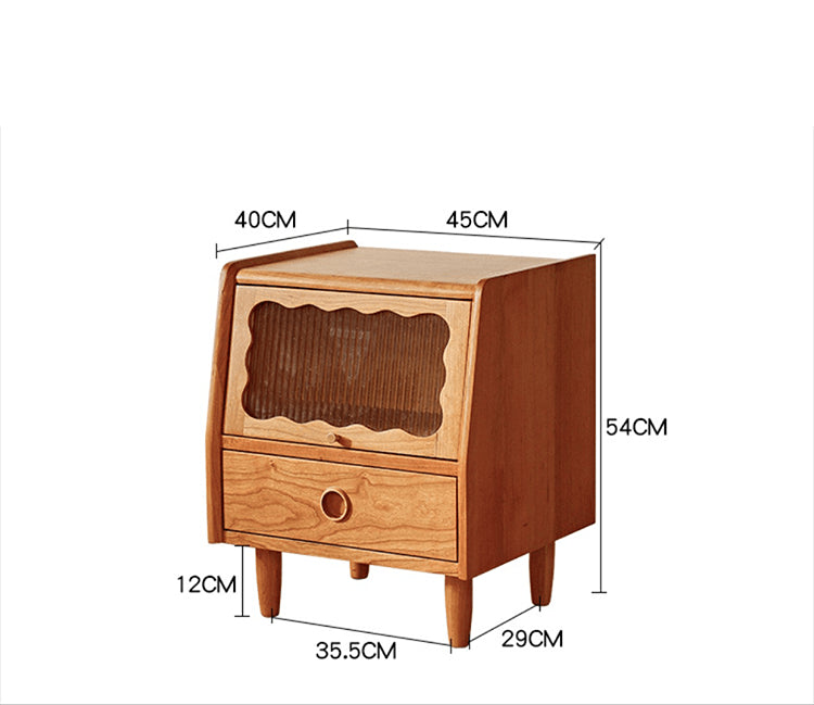 Elegant Cherry Wood Bedside Cupboard with Glass and Rattan Accents fyg-676