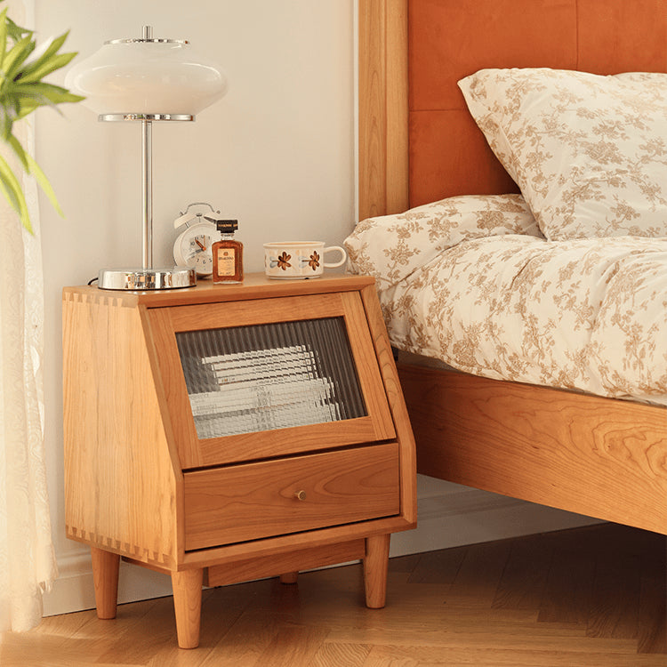 Elegant Cherry Wood Bedside Cupboard with Glass and Rattan Accents fyg-676