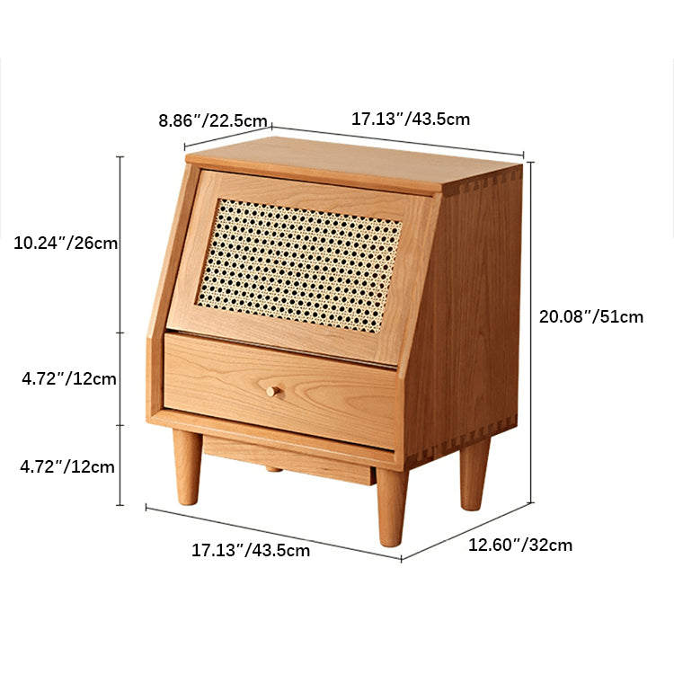 Elegant Cherry Wood Bedside Cupboard with Glass and Rattan Accents fyg-676