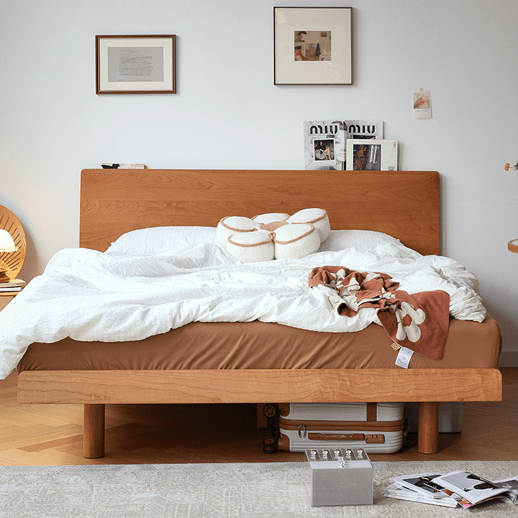 Elegant Natural Wood Bed with Cherry and Beech Wood Accents & Durable Metal Frame fyg-678