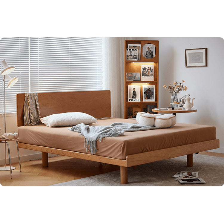 Elegant Natural Wood Bed with Cherry and Beech Wood Accents & Durable Metal Frame fyg-678