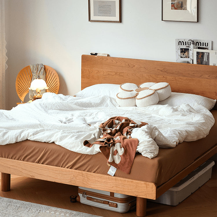 Elegant Natural Wood Bed with Cherry and Beech Wood Accents & Durable Metal Frame fyg-678