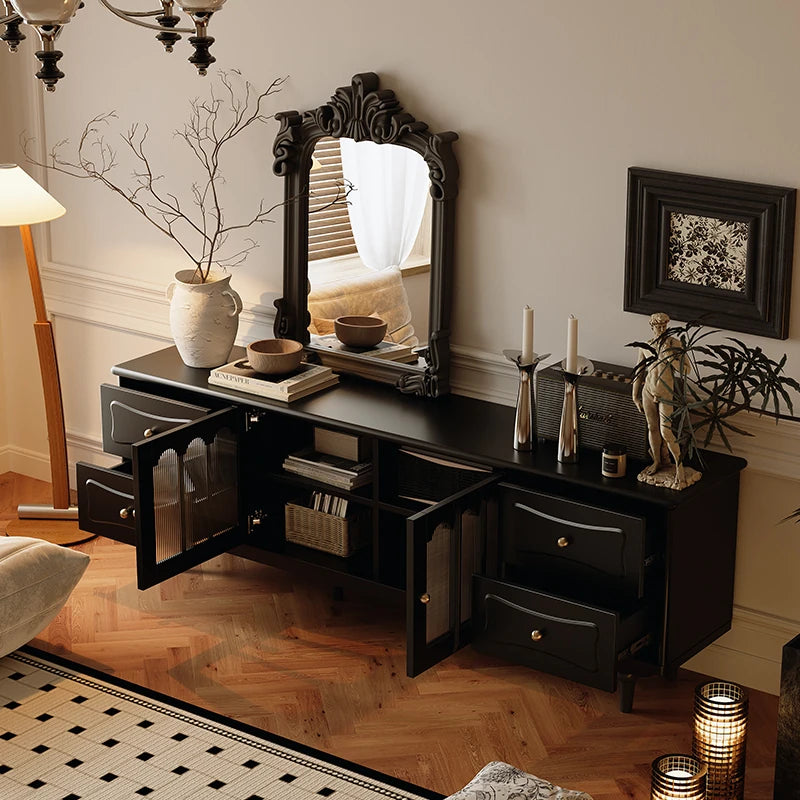 Stylish Black TV Cabinet with Elegant Acrylic Accents and Ample Storage fymj-4842