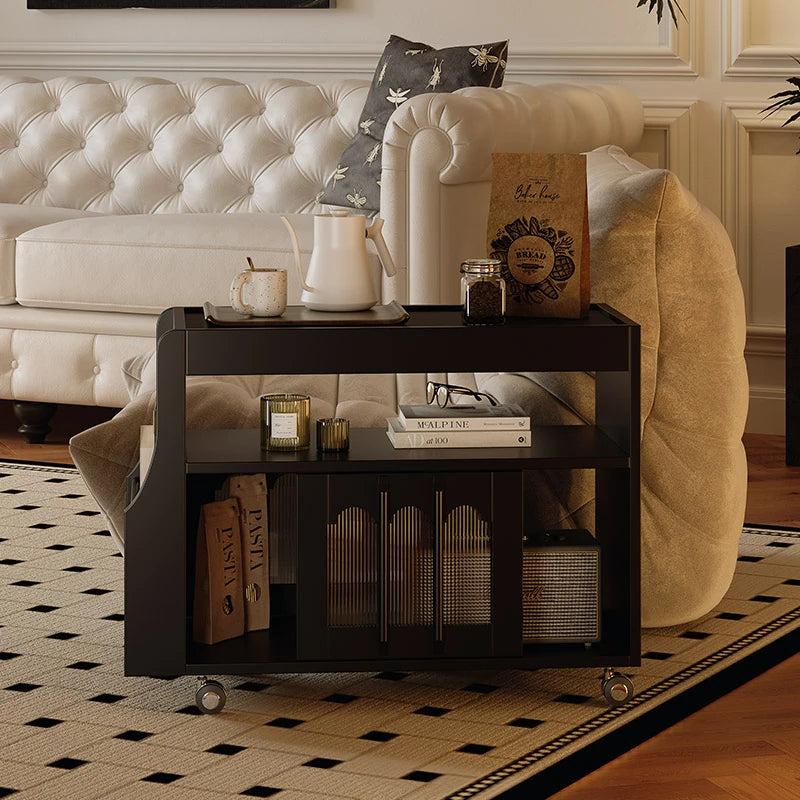 Stylish Rolling Tea Table with Tempered Glass Top and Acrylic Details - Modern Home Bar Cart with Storage Compartments fymj-4845