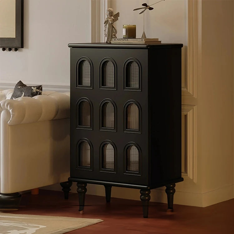 Elegant Black Cabinet with Arched Glass Panels - Stylish Storage Solution for Modern Homes fymj-4847