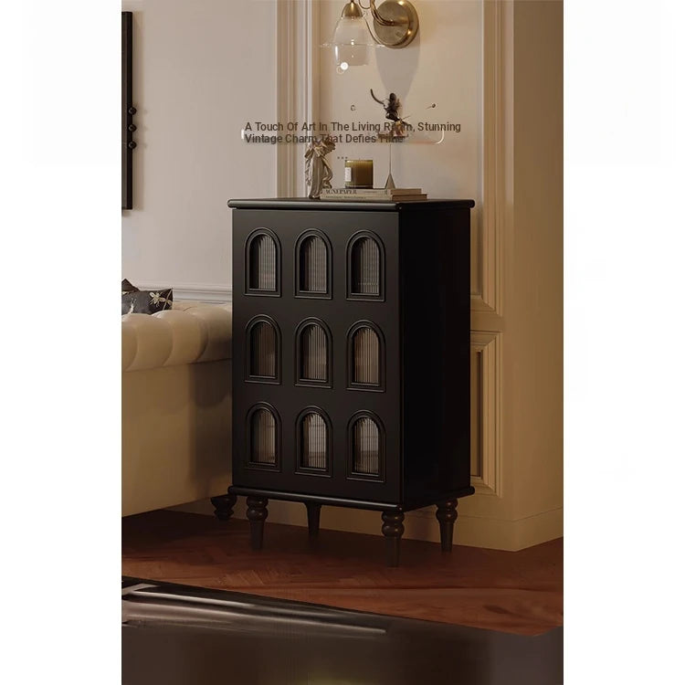 Elegant Black Cabinet with Arched Glass Panels - Stylish Storage Solution for Modern Homes fymj-4847