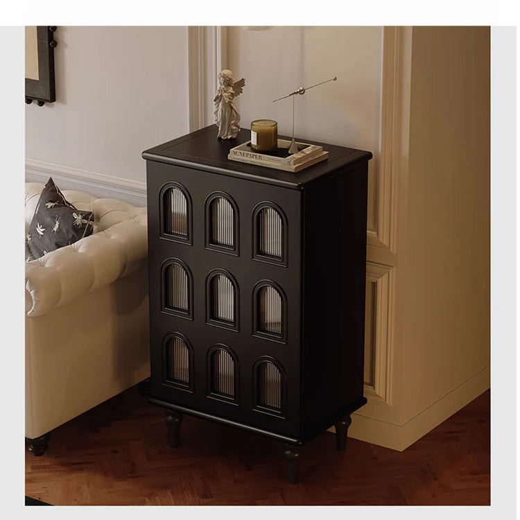 Elegant Black Cabinet with Arched Glass Panels - Stylish Storage Solution for Modern Homes fymj-4847