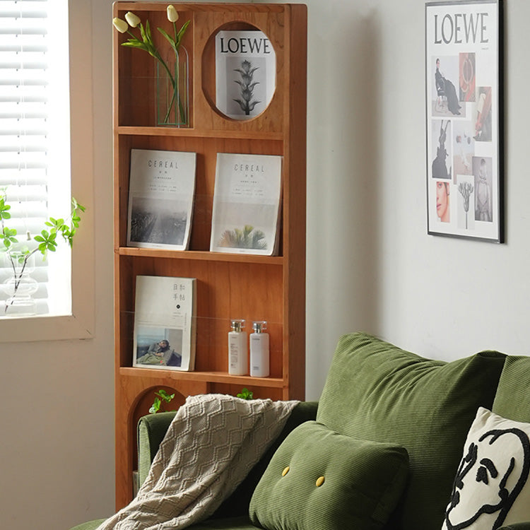 Stylish Multi-Material Storage Rack with Glass Shelves - Natural Wood, Brown, and Black Accents fyx-822