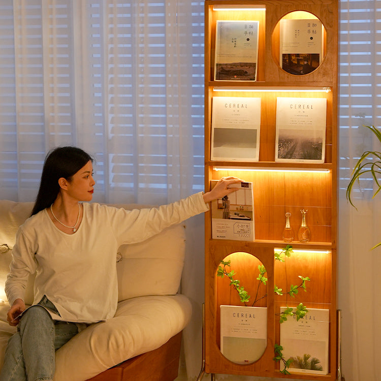 Stylish Multi-Material Storage Rack with Glass Shelves - Natural Wood, Brown, and Black Accents fyx-822