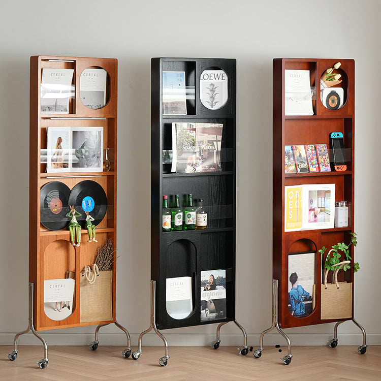 Stylish Multi-Material Storage Rack with Glass Shelves - Natural Wood, Brown, and Black Accents fyx-822