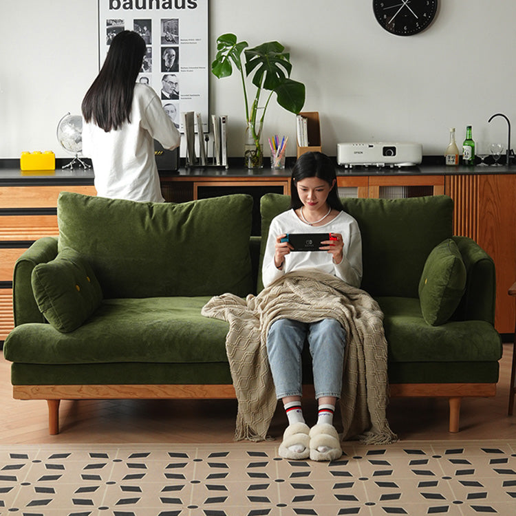 Luxurious Dark Green Sofa with Natural Wood Accents and Goose Down Cushions fyx-825