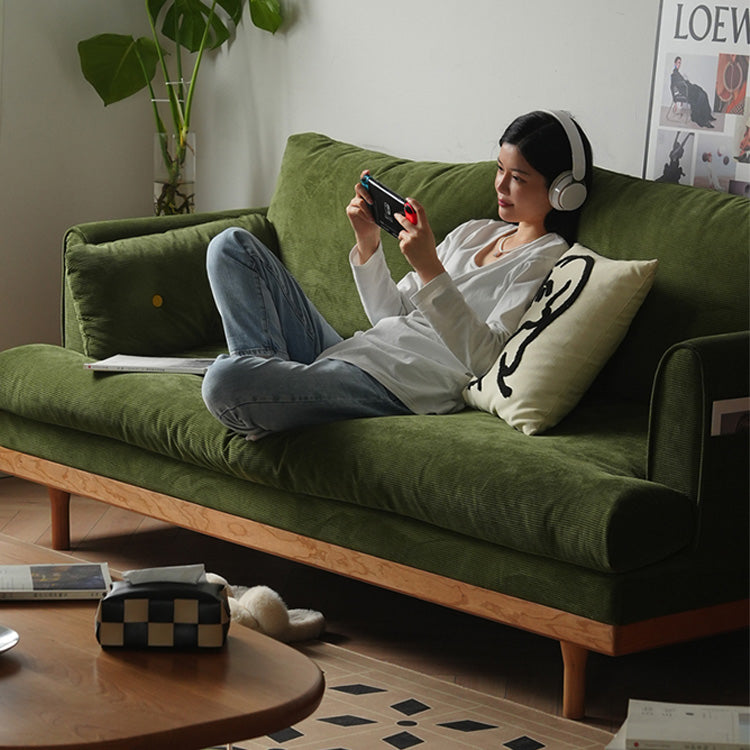 Luxurious Dark Green Sofa with Natural Wood Accents and Goose Down Cushions fyx-825