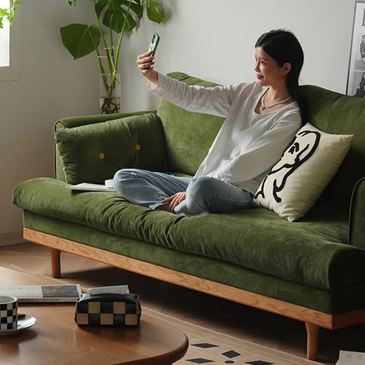 Luxurious Dark Green Sofa with Natural Wood Accents and Goose Down Cushions fyx-825