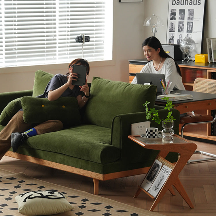 Luxurious Dark Green Sofa with Natural Wood Accents and Goose Down Cushions fyx-825