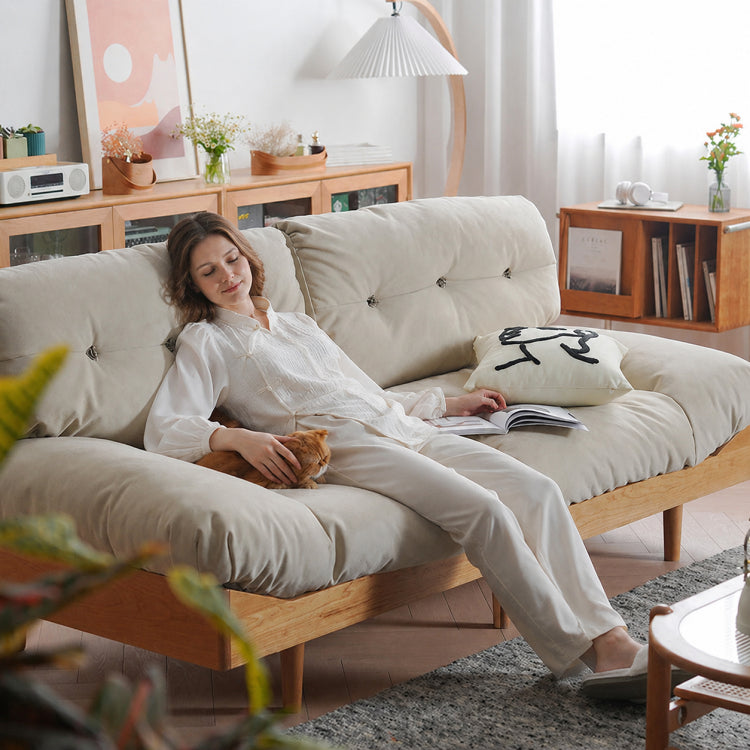 Nordic Cream Style Fabric Sofa, Khaki Straight Couch with Solid Wood Frame for Small Spaces fyx-826