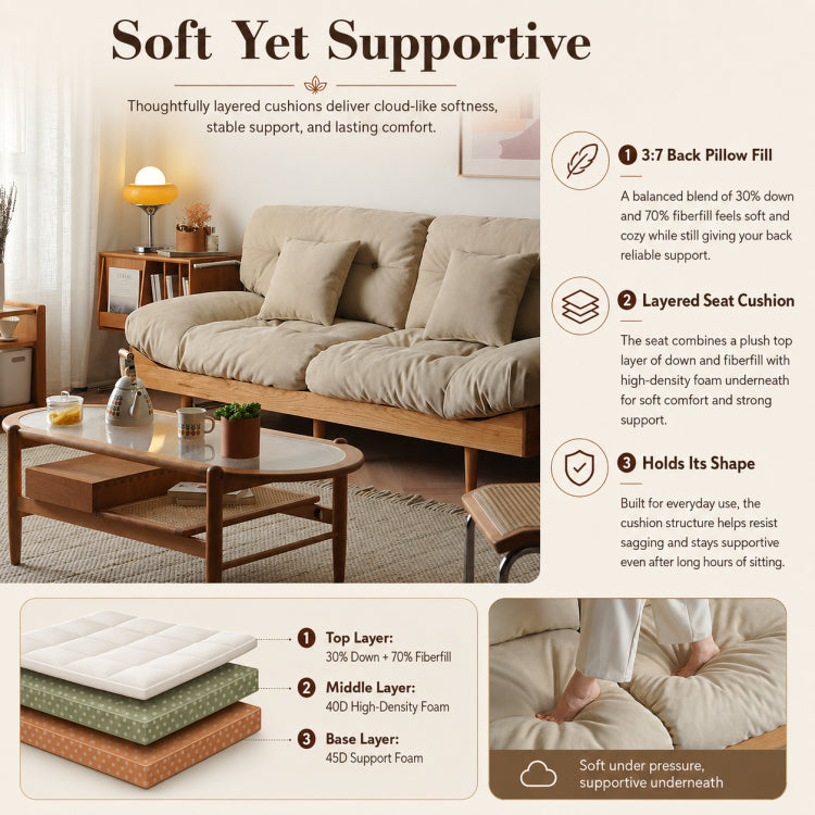 Nordic Cream Style Fabric Sofa, Khaki Straight Couch with Solid Wood Frame for Small Spaces fyx-826