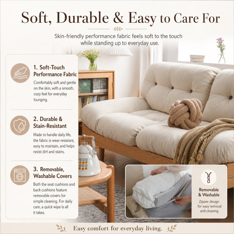 Nordic Cream Style Fabric Sofa, Khaki Straight Couch with Solid Wood Frame for Small Spaces fyx-826