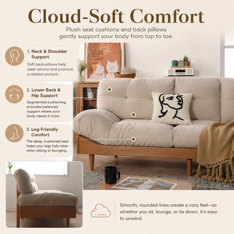 Nordic Cream Style Fabric Sofa, Khaki Straight Couch with Solid Wood Frame for Small Spaces fyx-826