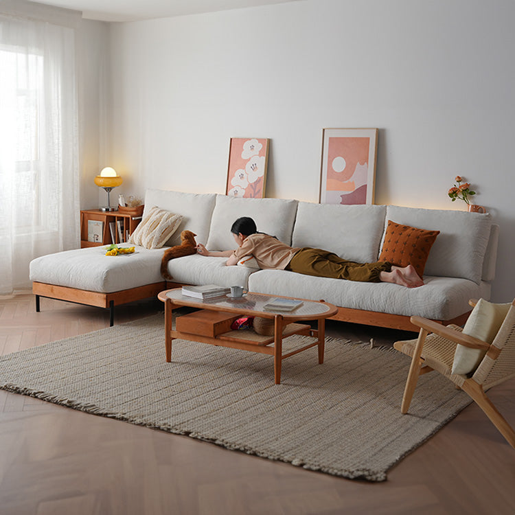 Elegant Off White Sofa with Cherry Wood Accents and Plush Corduroy Finish fyx-829