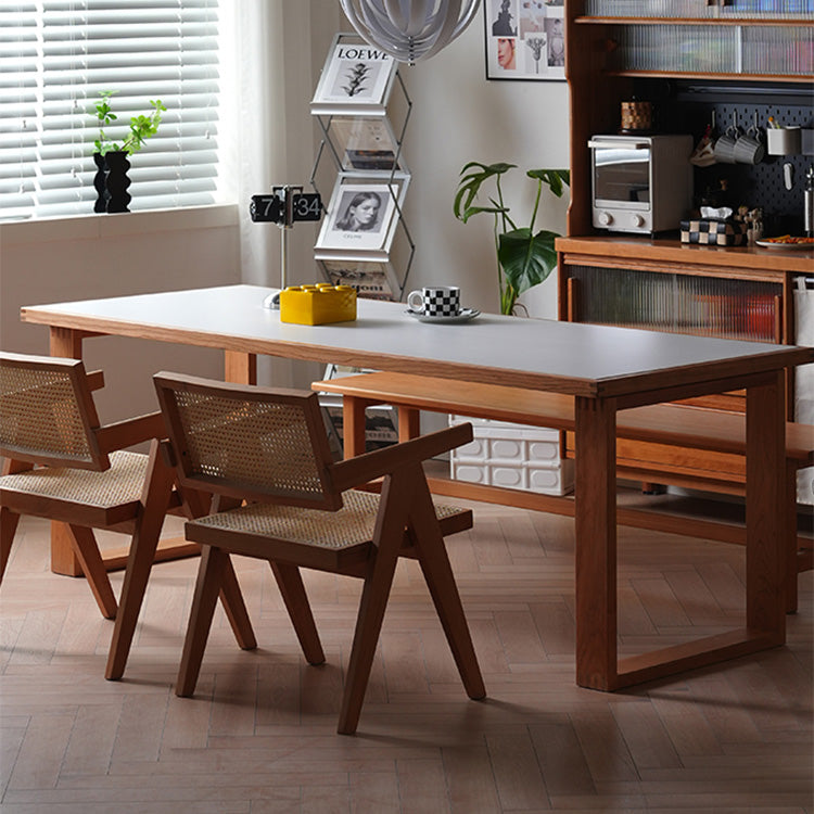 Elegant Table with White Finish, Natural Cherry Wood, and Black Marble Accents fyx-846