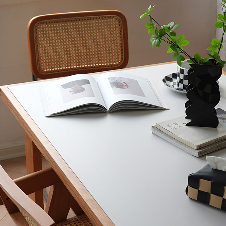 Elegant Table with White Finish, Natural Cherry Wood, and Black Marble Accents fyx-846