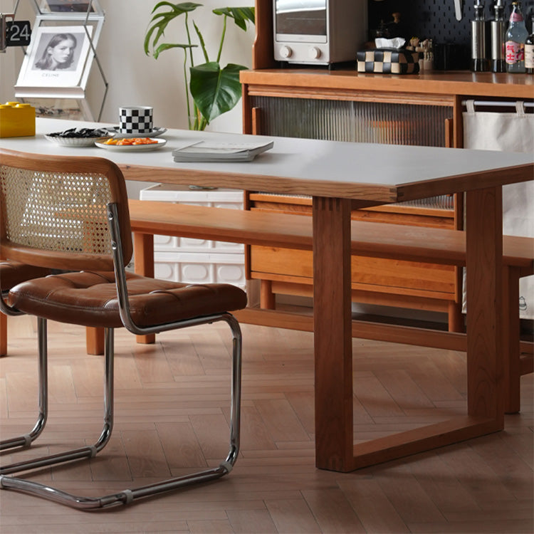 Elegant Table with White Finish, Natural Cherry Wood, and Black Marble Accents fyx-846