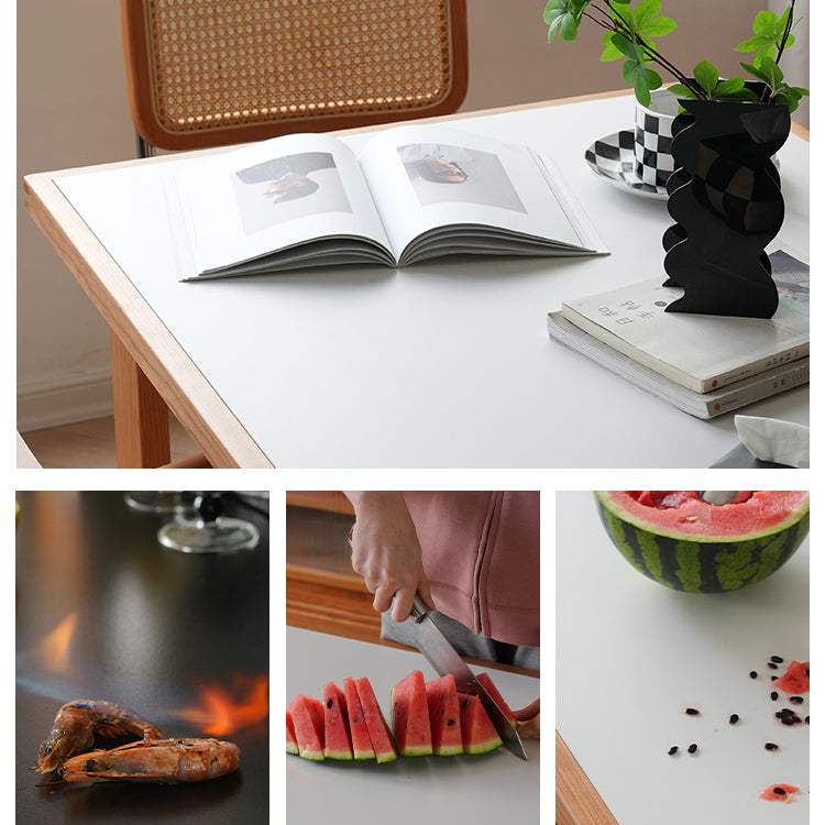 Elegant Table with White Finish, Natural Cherry Wood, and Black Marble Accents fyx-846