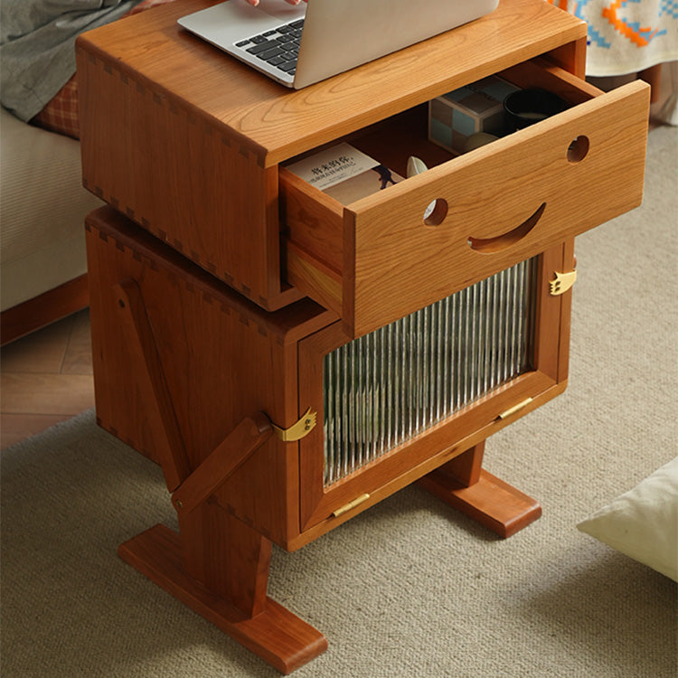 Elegant Natural Cherry Wood & Plywood Cabinet with Glass Doors and Copper Accents fyx-849