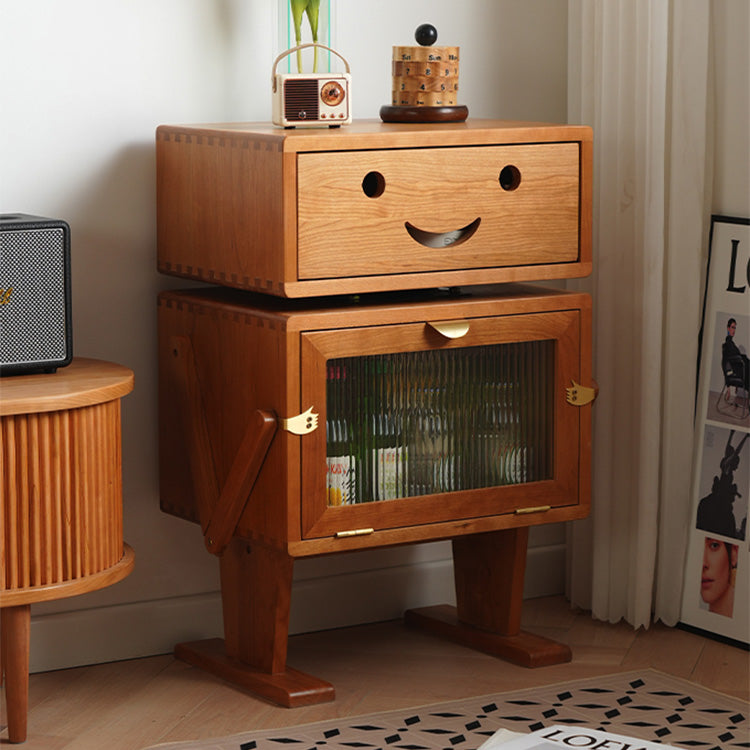 Elegant Natural Cherry Wood & Plywood Cabinet with Glass Doors and Copper Accents fyx-849