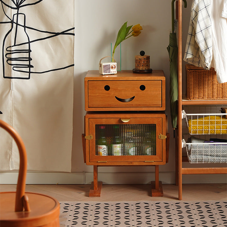 Elegant Natural Cherry Wood & Plywood Cabinet with Glass Doors and Copper Accents fyx-849