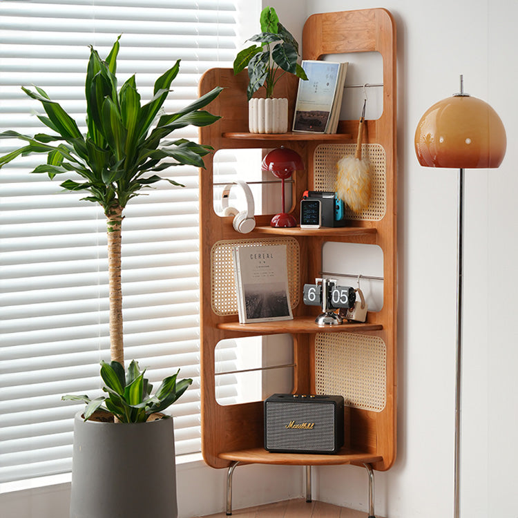 Elegant Cherry Wood Storage Rack with Rattan Shelves & Stainless Steel Frame fyx-852