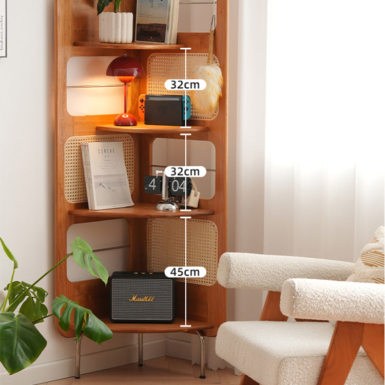 Elegant Cherry Wood Storage Rack with Rattan Shelves & Stainless Steel Frame fyx-852