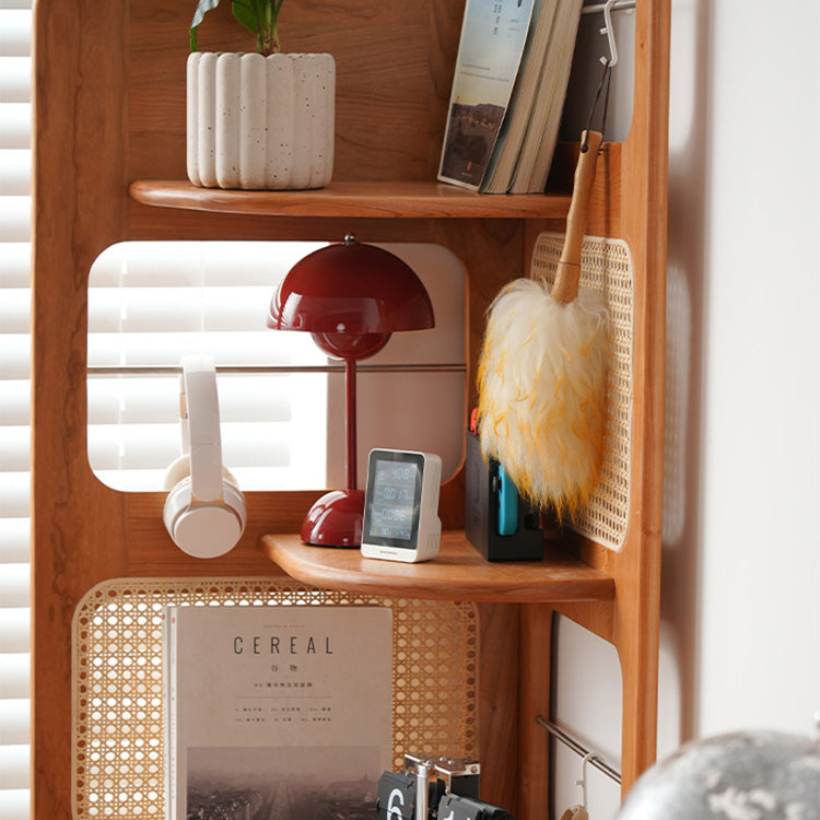 Elegant Cherry Wood Storage Rack with Rattan Shelves & Stainless Steel Frame fyx-852