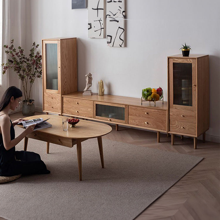 Elegant TV Cabinet with Natural Oak, Cherry, and Copper Accents fyx-855